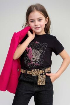 Kız Çocuk Leopar Yazı ve Digital Baskılı Tişört Bol Kesim Pantolon Fuşya Blazer Ceket Alt Üst Takım
