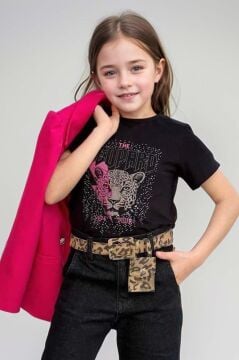 Kız Çocuk Leopar Yazı ve Digital Baskılı Tişört Bol Kesim Pantolon Fuşya Blazer Ceket Alt Üst Takım