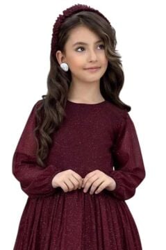 Kız Çocuk Sıfır Yaka Kolları Transparan Eteği Tüllü Simli Bordo Abiye