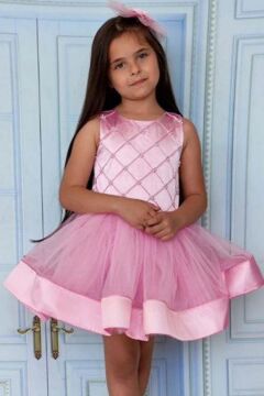 Kız Çocuk İnci Boncuk ve Etek Ucu Şerit Detaylı Pembe Abiye