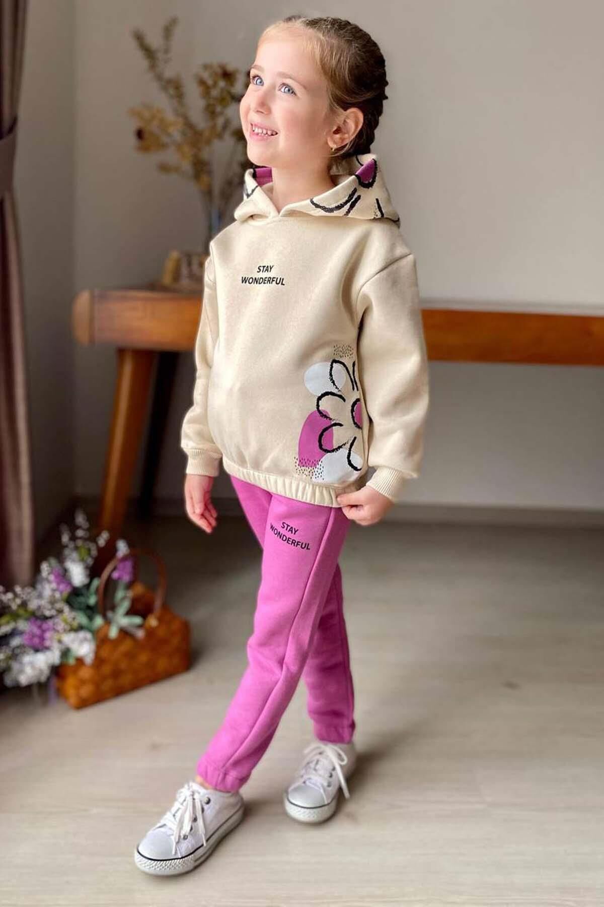 Kız Çocuk Stay Wonderful Çiçek Desenli İçi Pamuklu Fuşya Eşofman Takım