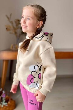 Kız Çocuk Stay Wonderful Çiçek Desenli İçi Pamuklu Fuşya Eşofman Takım