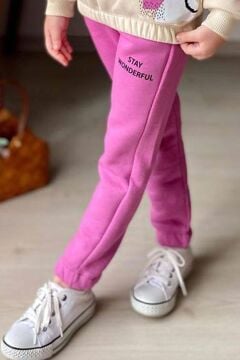 Kız Çocuk Stay Wonderful Çiçek Desenli İçi Pamuklu Fuşya Eşofman Takım