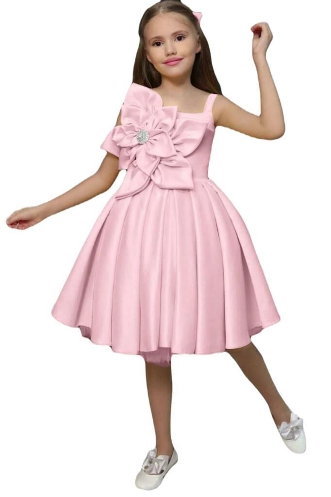 Kız Çocuk Göğsü Çiçek Detaylı Kalın Askılı Pudra Abiye