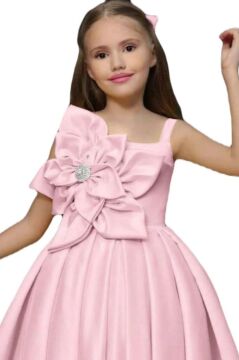 Kız Çocuk Göğsü Çiçek Detaylı Kalın Askılı Pudra Abiye