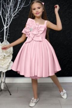 Kız Çocuk Göğsü Çiçek Detaylı Kalın Askılı Pudra Abiye