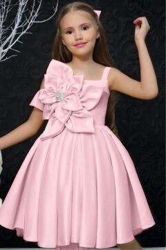 Kız Çocuk Göğsü Çiçek Detaylı Kalın Askılı Pudra Abiye