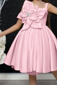 Kız Çocuk Göğsü Çiçek Detaylı Kalın Askılı Pudra Abiye