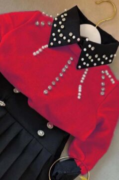 Kız Çocuk Üzeri Taş ve Boncuk İşlemeli Kırmızı Kazak Gömlek Kombin Gümüş Düğme Pileli Etekli Takım