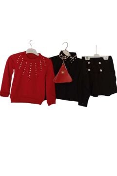 Kız Çocuk Üzeri Taş ve Boncuk İşlemeli Kırmızı Kazak Gömlek Kombin Gümüş Düğme Pileli Etekli Takım