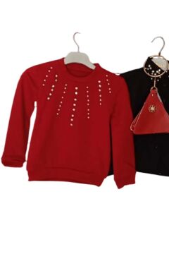 Kız Çocuk Üzeri Taş ve Boncuk İşlemeli Kırmızı Kazak Gömlek Kombin Gümüş Düğme Pileli Etekli Takım