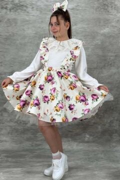 Kız Çocuk Yakası Güpür İşlemeli Bluz ve Flowers Baskılı Beyaz Salopet Takım