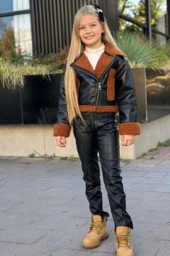 Kız Çocuk Kolları ve Yakası Peluş Detaylı Siyah Ceket Dik Yaka Kazak Deri Alt Üst Takım