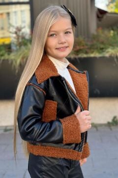 Kız Çocuk Kolları ve Yakası Peluş Detaylı Siyah Ceket Dik Yaka Kazak Deri Alt Üst Takım