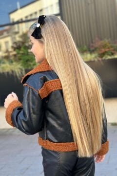 Kız Çocuk Kolları ve Yakası Peluş Detaylı Siyah Ceket Dik Yaka Kazak Deri Alt Üst Takım