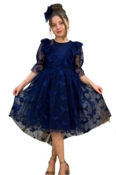 Kız Çocuk Kelebek Desenli Transparan Detaylı Kuyruklu Lacivert Elbise