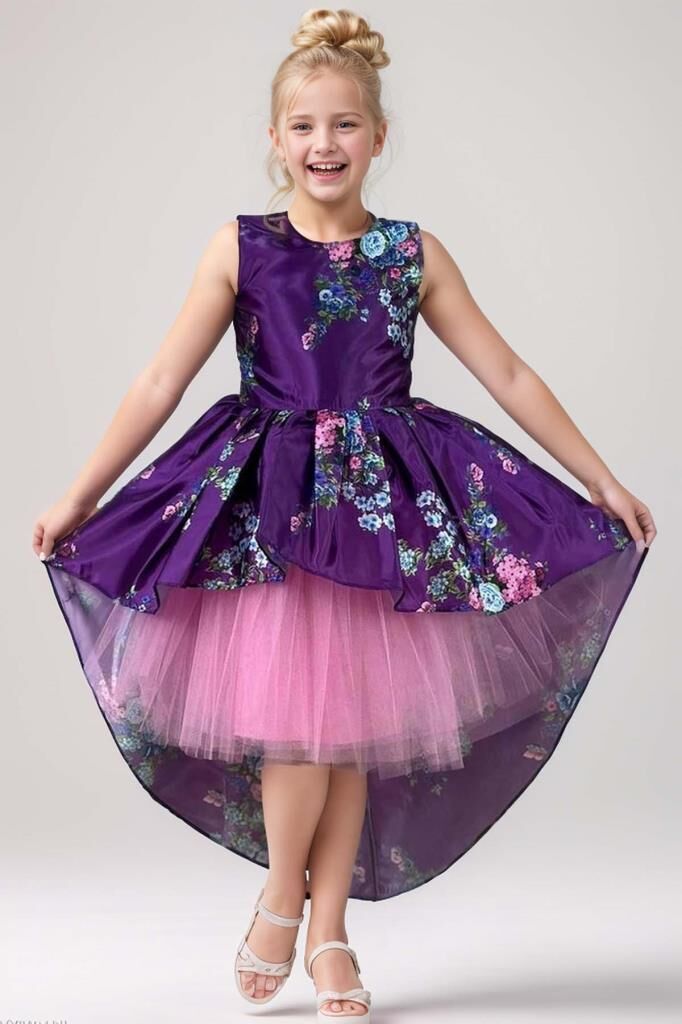 Kız Çocuk Çiçek Desenli Tül Detaylı Kuyruklu Saten Mor Elbise
