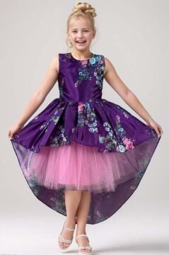 Kız Çocuk Çiçek Desenli Tül Detaylı Kuyruklu Saten Mor Elbise