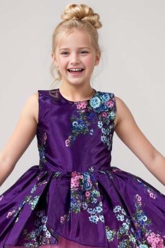 Kız Çocuk Çiçek Desenli Tül Detaylı Kuyruklu Saten Mor Elbise