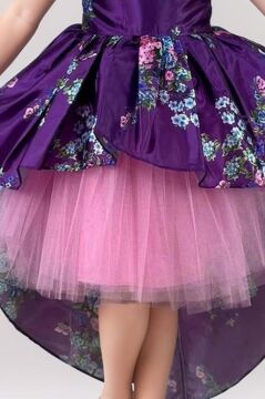 Kız Çocuk Çiçek Desenli Tül Detaylı Kuyruklu Saten Mor Elbise