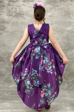 Kız Çocuk Çiçek Desenli Tül Detaylı Kuyruklu Saten Mor Elbise