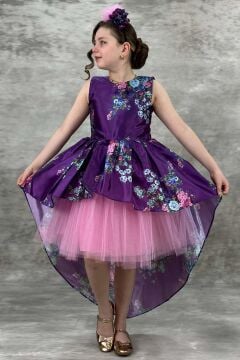 Kız Çocuk Çiçek Desenli Tül Detaylı Kuyruklu Saten Mor Elbise