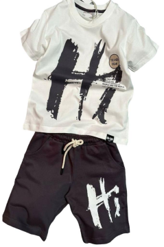 Erkek Çocuk Hi Yazı Baskılı Kısa Kollu Beyaz Şortlu Takım