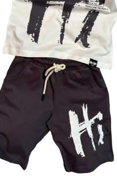 Erkek Çocuk Hi Yazı Baskılı Kısa Kollu Beyaz Şortlu Takım