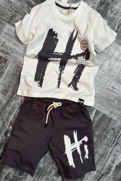 Erkek Çocuk Hi Yazı Baskılı Kısa Kollu Beyaz Şortlu Takım