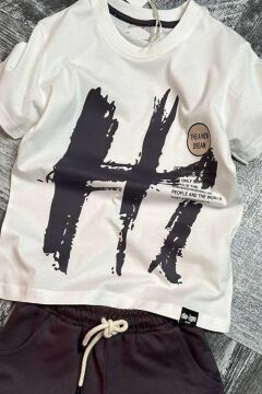 Erkek Çocuk Hi Yazı Baskılı Kısa Kollu Beyaz Şortlu Takım