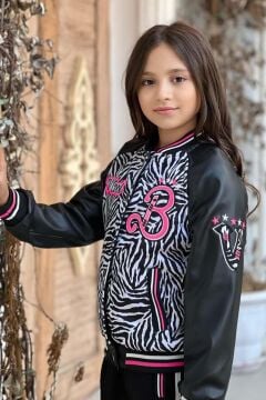 Kız Çocuk V Cool Yazı Baskılı Sweatshirt Zebra ve Pembe Şerit Detaylı Deri Eşofman Takım