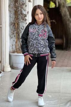Kız Çocuk V Cool Yazı Baskılı Sweatshirt Zebra ve Pembe Şerit Detaylı Deri Eşofman Takım