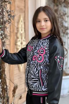 Kız Çocuk V Cool Yazı Baskılı Sweatshirt Zebra ve Pembe Şerit Detaylı Deri Eşofman Takım