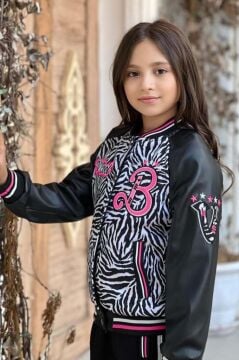 Kız Çocuk V Cool Yazı Baskılı Sweatshirt Zebra ve Pembe Şerit Detaylı Deri Eşofman Takım