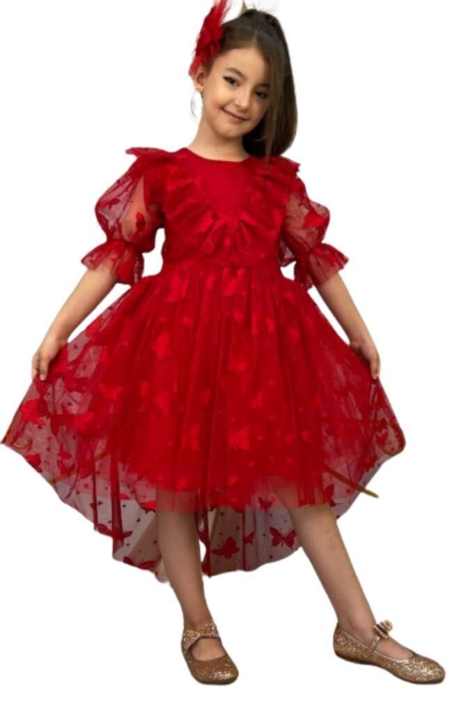 Kız Çocuk Kelebek Desenli Transparan Detaylı Kuyruklu Kırmızı Elbise