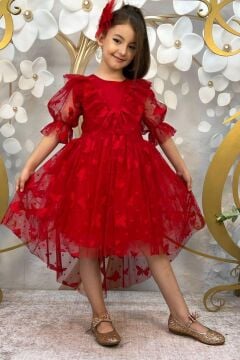 Kız Çocuk Kelebek Desenli Transparan Detaylı Kuyruklu Kırmızı Elbise