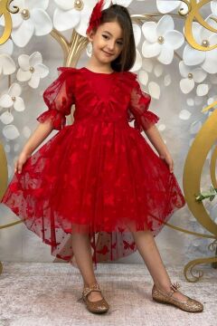 Kız Çocuk Kelebek Desenli Transparan Detaylı Kuyruklu Kırmızı Elbise