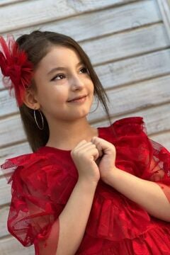 Kız Çocuk Kelebek Desenli Transparan Detaylı Kuyruklu Kırmızı Elbise