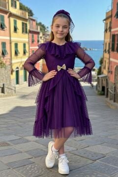 Kız Çocuk Kolları Şeffaf Tüllü ve Üzeri Puantiye, Yakası Fırfır Detaylı Önü Tüllü Mor Abiye
