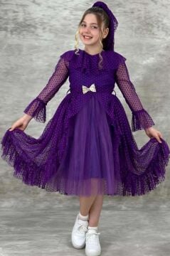 Kız Çocuk Kolları Şeffaf Tüllü ve Üzeri Puantiye, Yakası Fırfır Detaylı Önü Tüllü Mor Abiye
