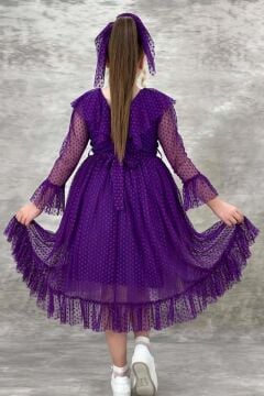 Kız Çocuk Kolları Şeffaf Tüllü ve Üzeri Puantiye, Yakası Fırfır Detaylı Önü Tüllü Mor Abiye