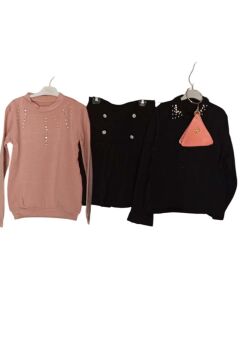 Kız Çocuk Üzeri Taş ve Boncuk İşlemeli Pudra Kazak Gömlek Kombin Gümüş Düğme Pileli Etekli Takım