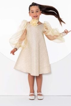 Kız Çocuk Çiçekli Boyunluk Hediyeli Şeffaf Karpuz Kollu Üzeri Simli Gold Elbise