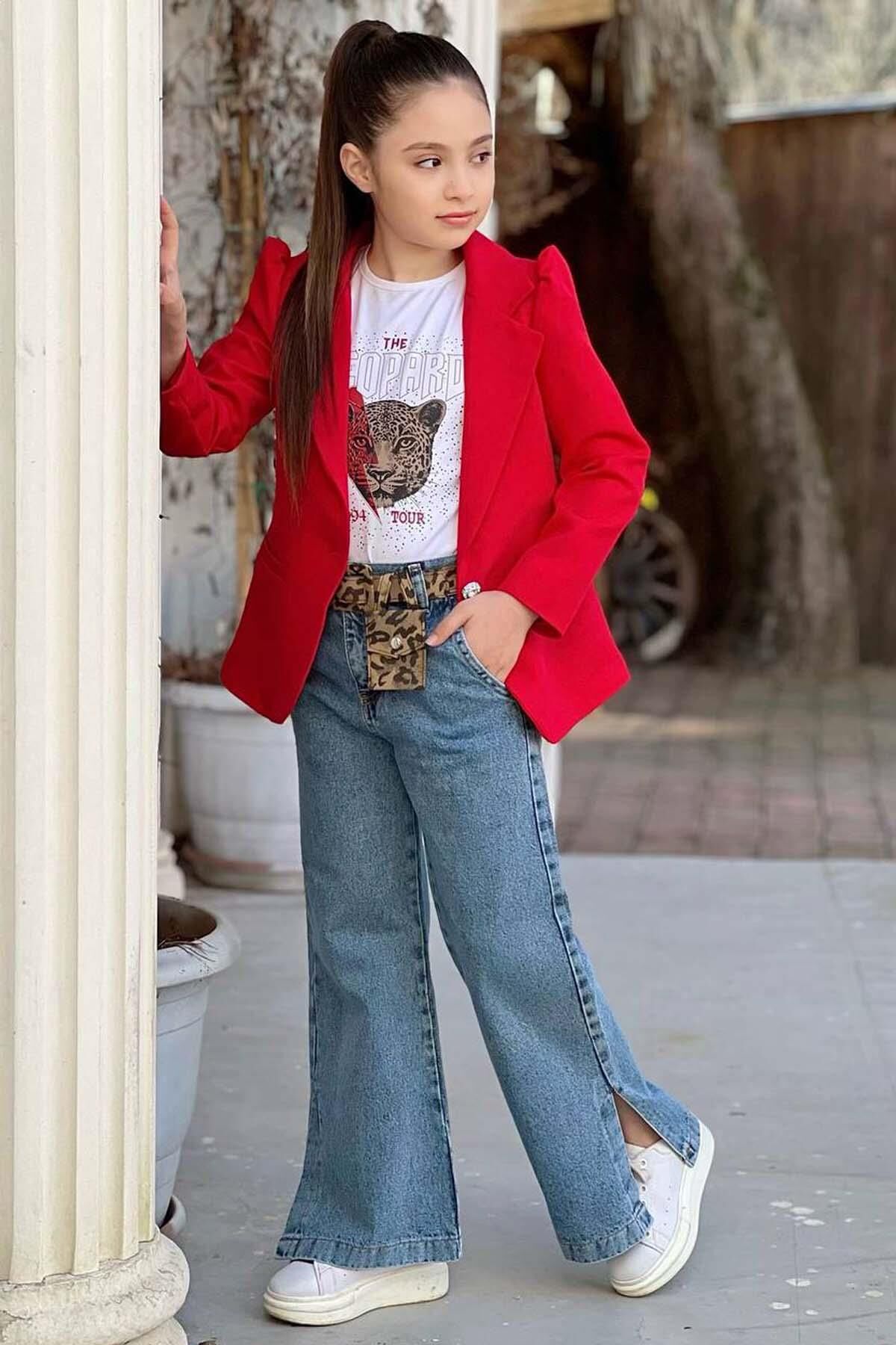 Kız Çocuk Leopar Yazı ve Digital Baskılı Tişört Bol Kesim Pantolon Kırmızı Blazer Ceket Alt Üst Takım