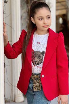 Kız Çocuk Leopar Yazı ve Digital Baskılı Tişört Bol Kesim Pantolon Kırmızı Blazer Ceket Alt Üst Takım