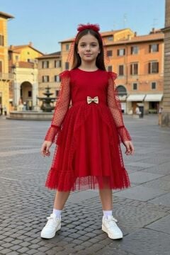 Kız Çocuk Kolları Şeffaf Tüllü ve Üzeri Puantiye, Yakası Fırfır Detaylı Önü Tüllü Kırmızı Abiye