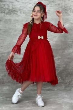 Kız Çocuk Kolları Şeffaf Tüllü ve Üzeri Puantiye, Yakası Fırfır Detaylı Önü Tüllü Kırmızı Abiye