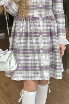 Kız Çocuk Yakası ve Kolları Fırfırlı Üzeri Boydan Düğme ve Gri-Pembe Ekose Detaylı Elbise