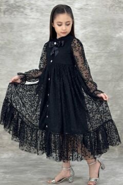 Kız Çocuk Boydan Düğmeli Dantel İşlemeli Siyah Elbise