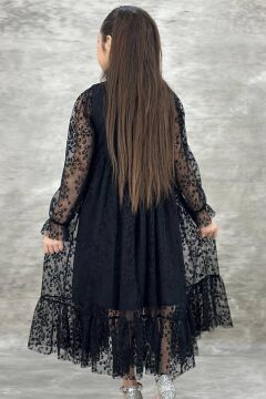 Kız Çocuk Boydan Düğmeli Dantel İşlemeli Siyah Elbise